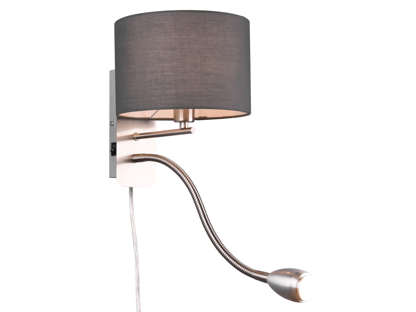 meineWunschleuchte Wandleuchte mit Leselampe, Schalter, Kabel und Stecker, Stoff Lampenschirm Grau, Korpus Metall Silber, Höhe 23,5cm inkl. stufenweise dimmbarem E14 Leuchtmittel