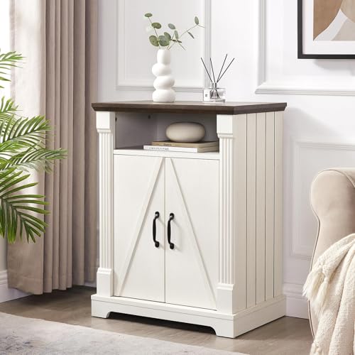 24" Farmhouse Storage Cabinet with Barn Doors, Antique White Freestanding