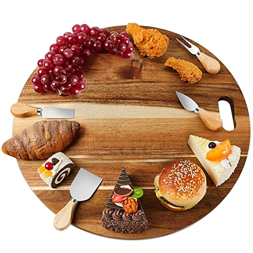 Weewooday Round Charcuterie Board and Knife Set 19 Inch Wooden Cheese Board Kitchen Acacia Wood Boards for Food Circle Cutting Serving Boards for Home