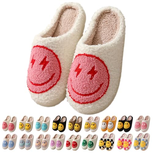 Opiniones y reviews de Happy Men , listamos los 10 mejores. 44 Smile Face Slippers for Women Men Happy Face Slippers Retro Soft Plush Warm Slip-On Slippers Cozy Indoor Outdoor Slippers (Lightning Smile Pink,24.5 cm)