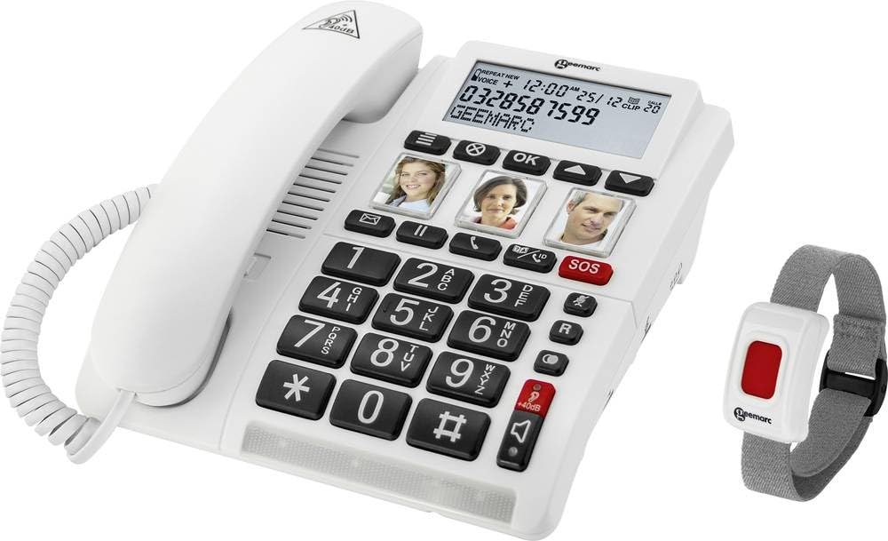 Geemarc CL610 - Téléphone Filaire d'Appel d'Urgence et Son Bracelet SOS Étanche avec Volume Amplifié et Touches Photo Personnalisables - Idéal pour Personnes Âgées Vivant Seules et Malentendants