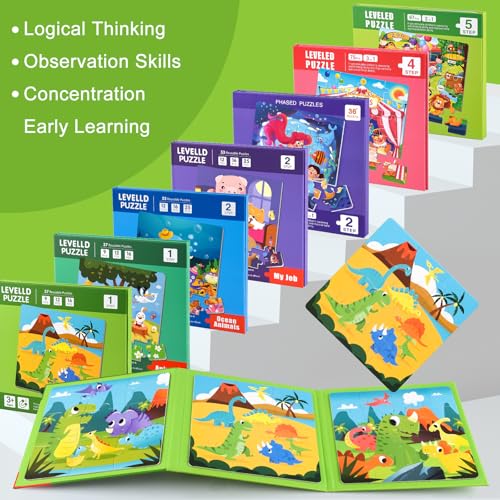 Image of ASTARON Magnetic Puzzles,61 Pieces Dinosaur Kids Educational Travel Toys | Folding puzzle book, each book contains 3 scenes, 3 difficulty levels, advanced puzzle book, easy to store, educational toy