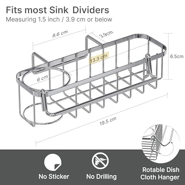 KESOL 3-in-1 Sponge Holder for Kitchen Sink, Hanging Caddy for Double Bowl Sinks, Stainless Steel Sponge with Dishcloth Holder, Brush & Soap Rack, Kitchen Sink Accessories, Silver