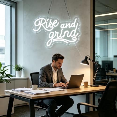 Image of Rise and Grind Neon Signs for Wall Decor Neon Lights for Bedroom Led Business Signs Suitable for Man Cave Bar Pub Restaurant Christmas Gift Art 5V Power Adapter 16.1 * 9Inch(White)