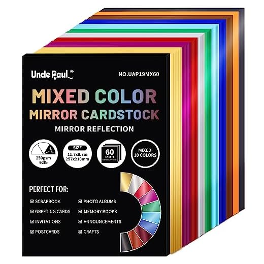 A4-Spiegelkartonpapier in gemischten Farben, 60 Blatt, 10 Farben, 250 g/m²/92 lb, metallisch reflektierendes Papier für Bastel- und Heimwerkerprojekte, UAP19MX60