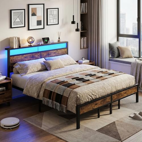 Image of King Size Bed Frame with LED Lights and Charging Station | Brown Metal Platform Bed, Wood Headboard, Sturdy Slats, No Box Spring Needed, Noise Free, Easy Assembly