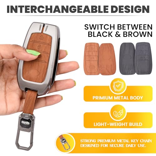 Image of Car Key Cover Compatible with Toyota withtuner | withtuner Legender | Innova Hycross | Invicto 3-Button Smart Key (Dual Leather Metal (Black & Brown))