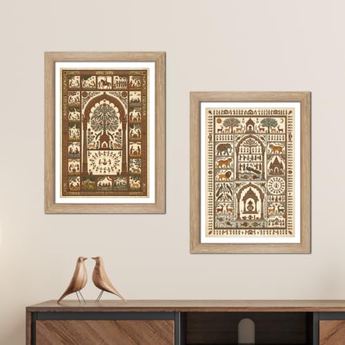 Image of TenorArts Traditional Tribal Folk Art Photo Frame Set of 2 , Indian Rural Arts Decor Wall Hanging Painting For Bedroom Living Room Cafe and Home decor / Minimal Drawing Framed Posters for Decoration (9x12 inches) [T2P-05T]