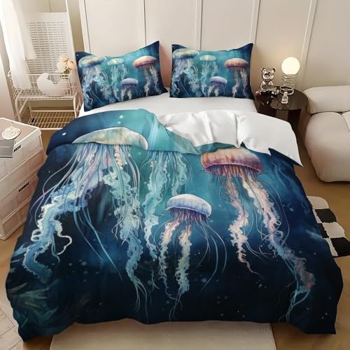 Juego De Ropa De Cama 90 cm OcéAno Medusas Abstracto Creativo Funda De Edredón Microfibra Suave Azul Cremallera Funda Nórdica Y Funda De Almohada, para Familias Y Adulto 150x220 cm