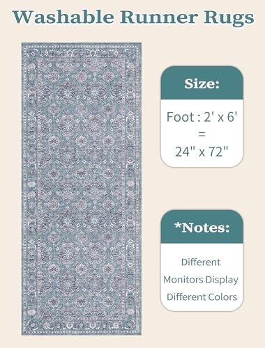 SERISSA Boho Washable Runner Rug, 2x6 Rug Non-Slip Vintage Floral Hallway Kitchen Runner Rug Ultra Soft Print Distressed Blue Grey Floor Carpet for Bedroom Bathroom Laundry Room