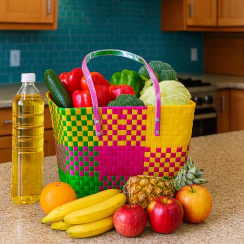 Image of Hand Made Multipurpose Plastic Basket with Lid, Pink with Green, XL