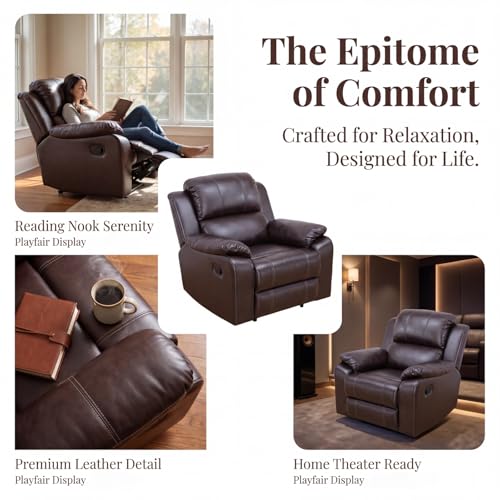 Image of Single Leather Manual Recliner Chair, Oversized Lazy Boy Recliner with Home Theater Seating, Breathable Living Room Reclining Chair for Adults Reading, Gaming, Relax, Brown