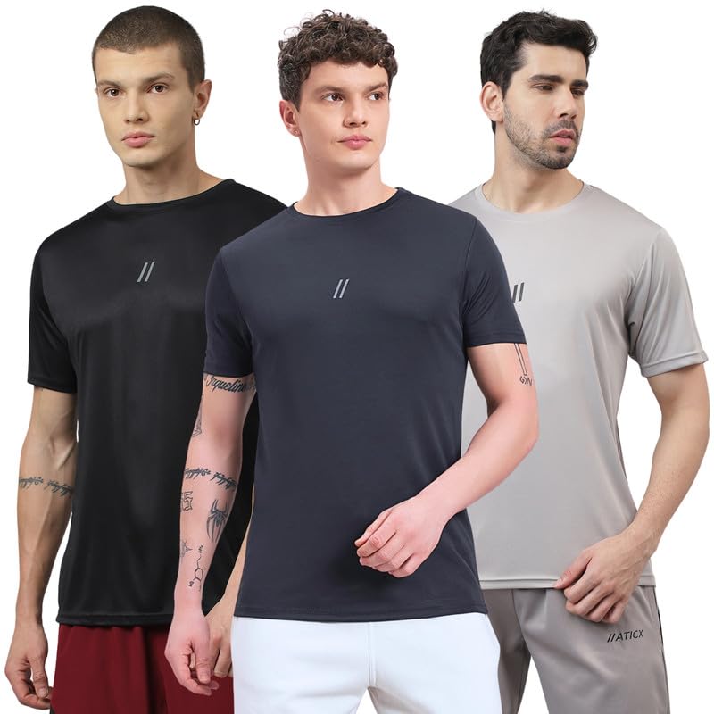 Image of ATICX Slim Fit Polyester Sports T-Shirt for Men - Round Neck Quick Dry Fit Half Sleeve Breathable Stylish Gym & Workout Tee - Lightweight Running Cycling Football Swimming Training Sportswear Top
