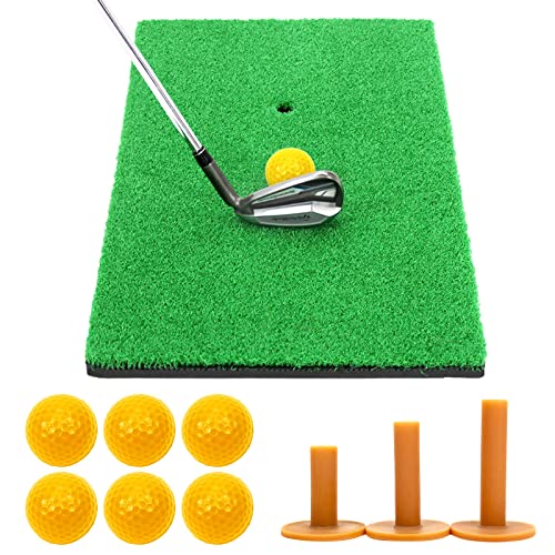 GolfStyle ゴルフマット ゴルフ 練習 マット 素振り スイング ドライバー アイアン パター 練習器具 室内 屋外 人工芝 SBR 30×60cm ゴルフティー ゴルフボール Pセット (イエロー)