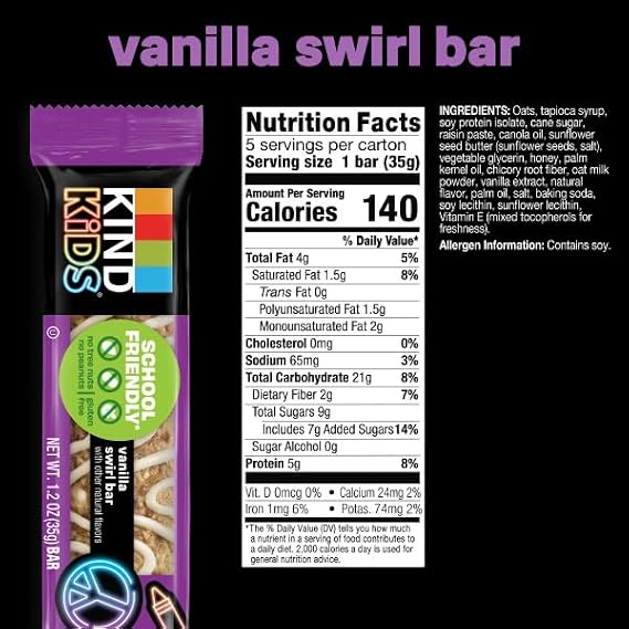 KIND Kids Granola Bars, Vanilla Swirl, Gluten Free, Low Sodium, Peanut and Tree Nut Free Snacks, 5g Protein, 5 Count