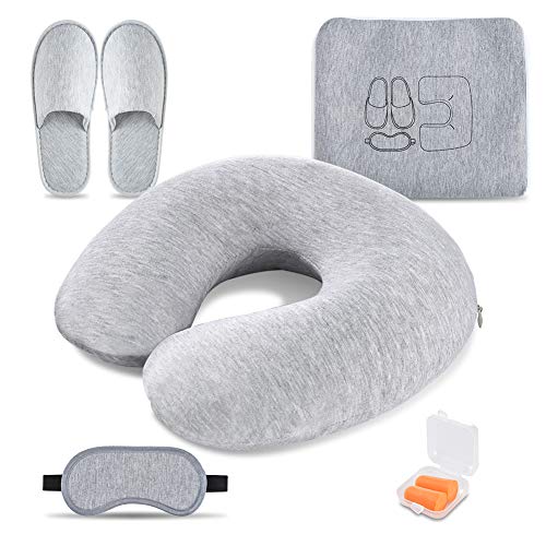 Preisvergleich Produktbild Wilxaw Reise-Nackenkissen-Set, Gemütlich U-förmiges Aufblasbares Nackenstützkissen mit Augenmaske Schlafmaske, Slipper, Ohrstöpsel, Aufbewahrungstasche, 5 in 1 Satz
