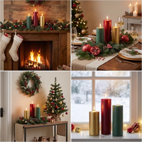 Image of Conelist 3 Pack Christmas Pillar Candles Set Red Green and Gold 3 Sizes | Unscented Dripless Christmas Candles, 4in 5in 6in Smokeless Holiday Candles for Gift Dinner Centerpieces Party Decoration