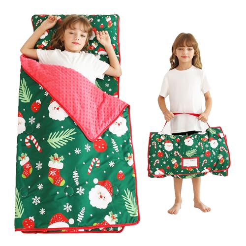 Lasoftan Christmas Toddler Nap Mat with Pillow and Blanket, Extra Large Rolled Napping Mats,Slumber Bags for Boys Girls,Kids Sleeping Bag for Daycare, 21" x 50" Preschool Travel Camping - Christmas