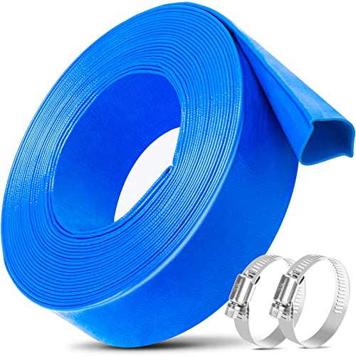 Jin&Bao 2 x 25 FT Pool Backwash Hose Heavy Duty Reinforced Lay-Flat Discharge Hose Burst Resistant Drain Hose with 2 Clamps for Pool Filter & Sump Pump-Blue