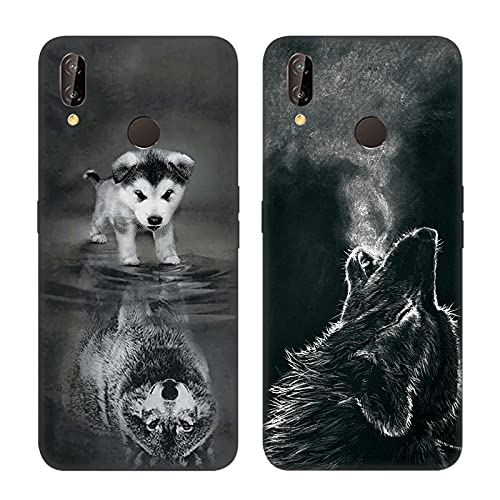DiaryTown 2 Cover per Huawei P20 Lite Custodie TPU Silicone Morbida con Bello Animale Disegno Motivi Antiurto Protettivo Nero Cover Gomma Ultra Sottile Morbido Cover per Huawei P20 Lite - Cane/Lupo