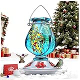 BOLITE Hummingbird Feeder, Hand Blown Glass Hummingbird Feeders for Outdoors Hanging, with Ant Moat and 5 Feeding Ports, 22 Ounces, Blue, Birthday Gifts for Women Men, Gifts for Mom Dad