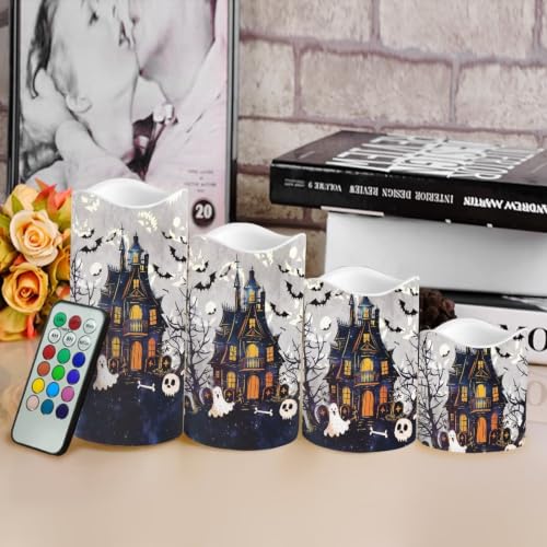 Image of Halloween Haunted House Color Changing Electric Candles | Halloween Flameless Candle Set with Remote Control, Battery Operated Fake Candles for Kitchen Room Home Decor, 4 Pack