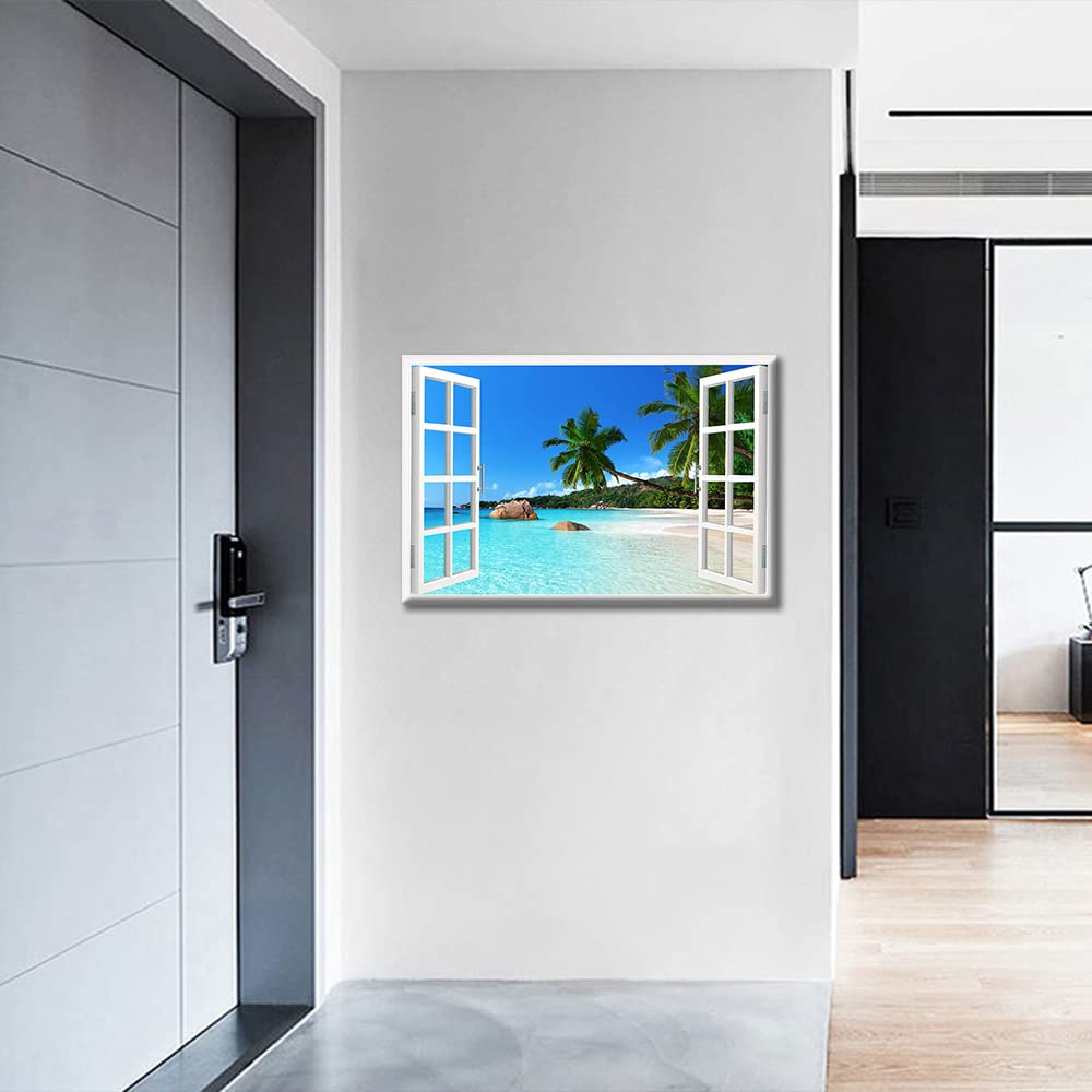TISHIRON 3D Window Effect View Canvas Wall Art Coconut Tree Beach Seaside Landscap Pictures Kitchen for Living Room Bedroom Office Home Decorations Ready to Hang 12x18inch - Image 2