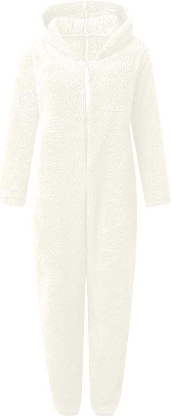 HGps8w Fuzzy Fleece Onesie Pajamas for Women Jumpsuit Warm Winter Sherpa Romper Sleepwear One Piece Zipper Hooded Playsuit