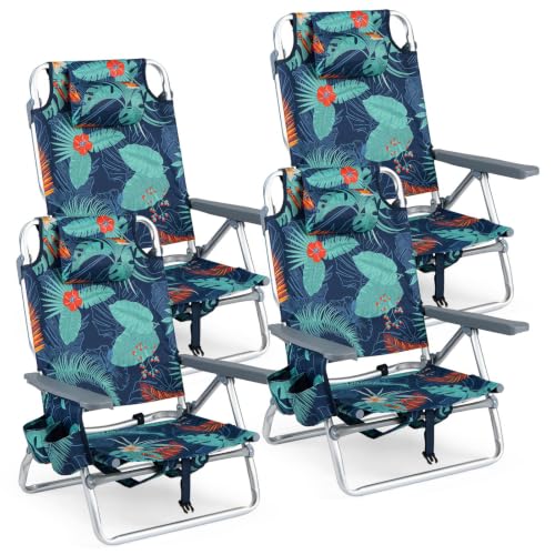 Image of Giantex Folding Beach Chair, Patio Sling Chairs with 5 Adjustable Position, Head Pillow, Storage Bag, Towel Bar, Cup Holders, Backpack Chairs for Sunbathing, Camping Chair