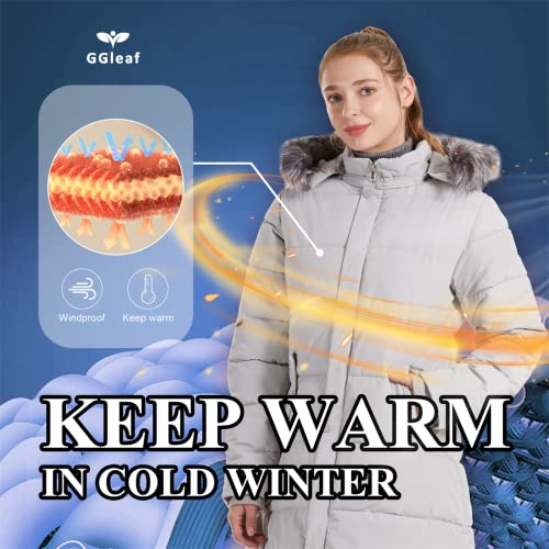 Ggleaf Women's Puffer Jacket Winter Hooded Coat Down Alternative Long Parka With Faux Fur Hood Grey Small #TOP2