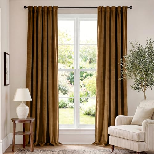 Image of Extra Long Golden Brown Velvet Curtains 52x108 Inch 2 Panels | Soft Velvet, For Tall Windows & High Ceilings, Light Shifting Texture, Elegant Luxury Drape, Rich, Rod Pocket