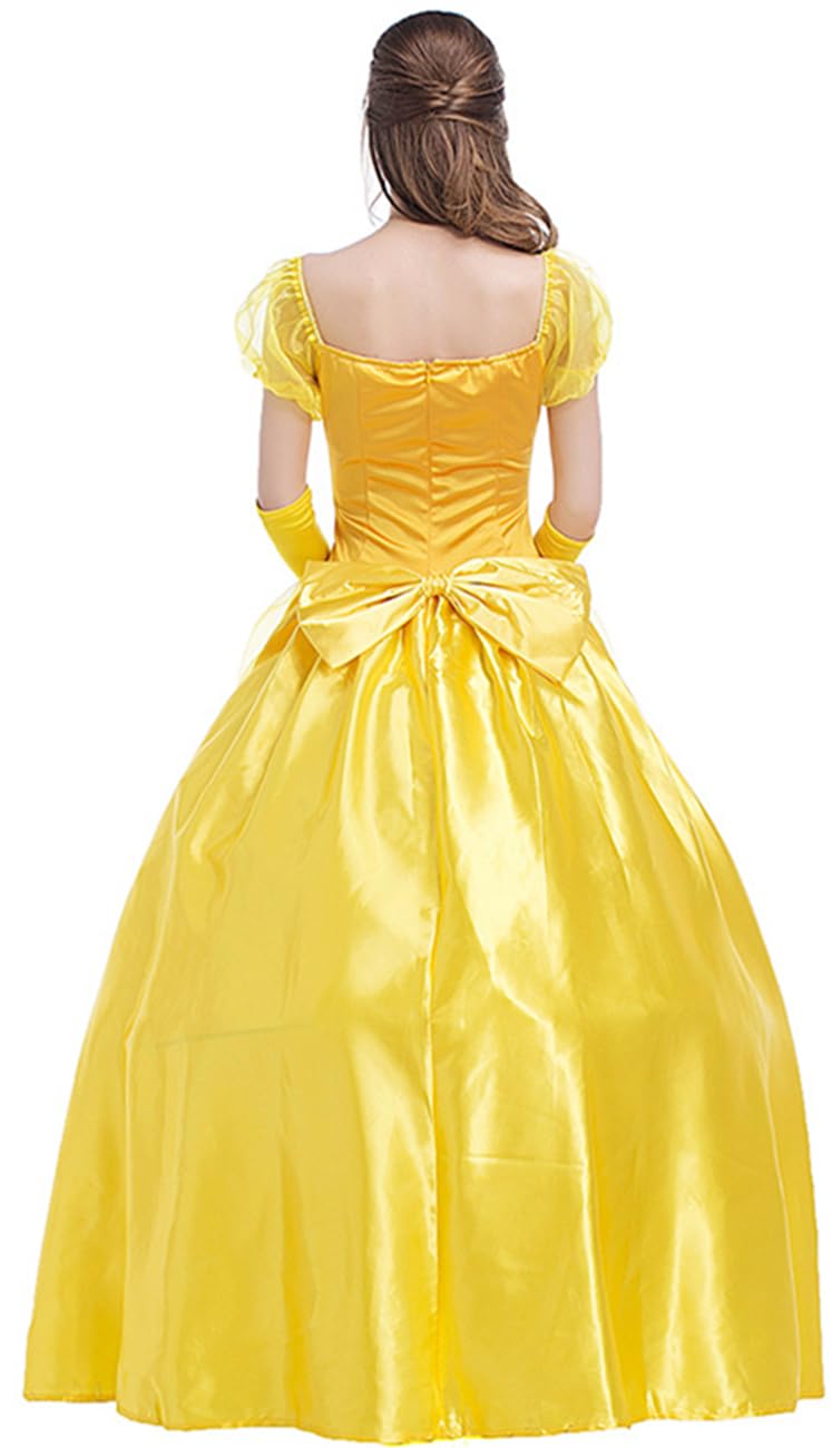 Déguisement Princesse Belle Femme et Gants Adulte Cosplay La Belle et la Bête Longue Tulle Reine Robes de Soirée Fancy Dress Halloween Noël Carnaval Anniversaire Fête Costume Jaune