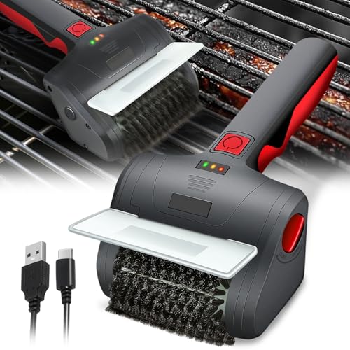Auto Dynasty Cordless Electric Grill Brush, Rechargeable Grill Cleaning Scrub Brush with Rotating Cleaner Brush Head and Type-C Charging Cable for Outdoor Grill, Red/Black