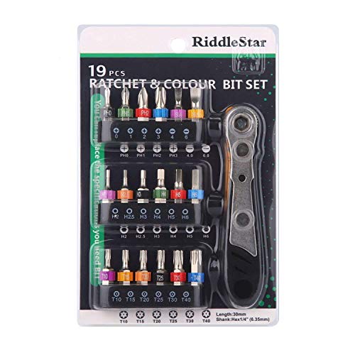 Gazeer 19Pcs S2 Micro Ratchet Wrench Screwdriver Bit Set With Phillips,Slotted,Hexagon And Torx 1/4" Drive Size,Reversible Drive Handle And Multi Bits Set #TOP6