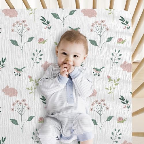 Image of Little Grape Land Muslin Crib Sheets Fitted for Boys and Girls 2 Pack, 100% Cotton Baby Bed Sheets Soft Breathable, Neutral Fitted Baby Mattress Sheets for Standard Crib 52x28 inches, Pink Bunny