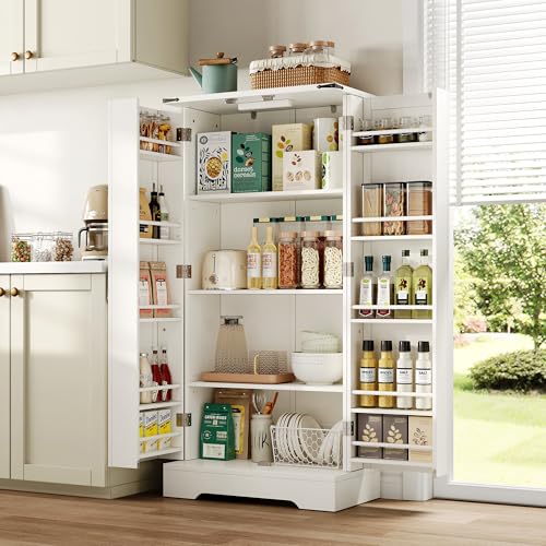 Armario de cocina de 128,5 cm, armario de almacenamiento para granja – Armario de comedor LED con 2 puertas batientes y estantes ajustables para espacios pequeños en el comedor o sala de estar