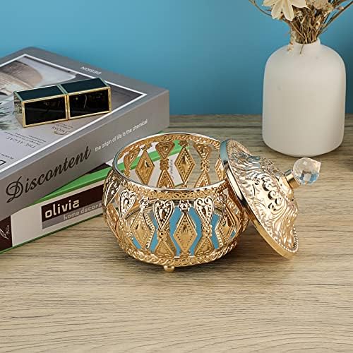 Tolida Vintage Metal Jewelry Box with Mirrored Base and Crystal Handle Lid, Hollow Out Trinket Organizer Gift Box Keepsake Box For Earrings Rings Jewelry Treasure Trinkets, Gold