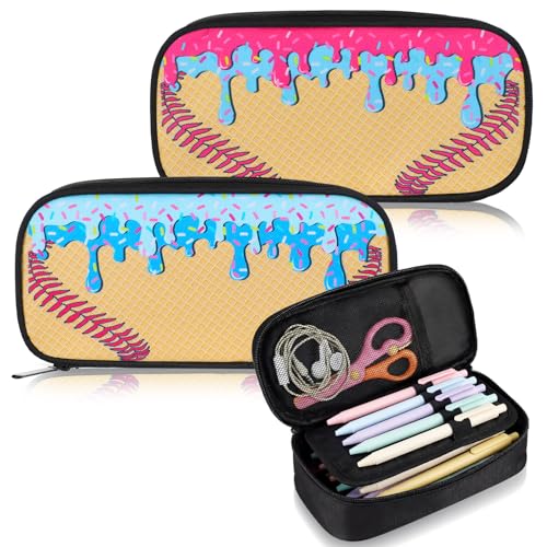 ForraFun 2 Pcs Baseball Ice Cream Drip Pencil Cases Large Capacity Pencil Pouch Durable Stationary Cases Makeup Bag with Zipper Blue Pink Oxford Cloth Pen Bags Gift for School Office Organizer