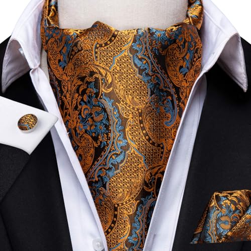 Image of Hi-Tie Silk Ascot for Men Self Tie Men's Cravat and Flower Lapel Pin Handkerchief Cufflinks Set for Wedding Party