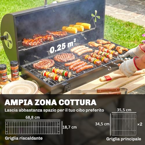 Outsunny Barbecue Carbonella Con Griglia Xxl, Carrello Bbq Barbecue Portatile Acciaio Con Coperchio, Ripiani Pieghevoli Legno, Termometro, Cassetto Cenere, Manico, Ruote, Per Giardino Campeggio, Nero - 5