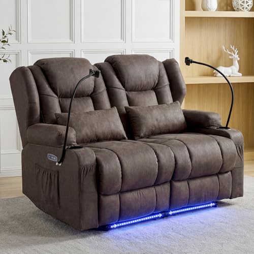 Image of Redlife Power Loveseat Recliner Sofa, Leathaire Farbic Dual Reclining Couch with Vibration ＆ Heating, Blue LED Base Lights, USB Ports, Cup & Phone Holders, Home Theater & RV Reclining (Coffee Brown)