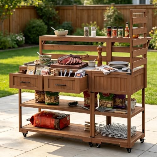 DFCHLDA 62.3" Outdoor Kitchen Island Cart, Steel Top & Drawers,Solid Wood