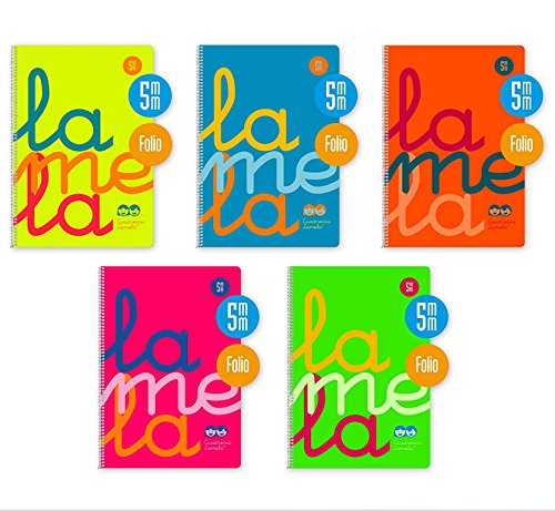 Bloc Lamela Fº fluor PP 80 hojas Cuadrícula 5mm 90g, pack de 5, multicolor