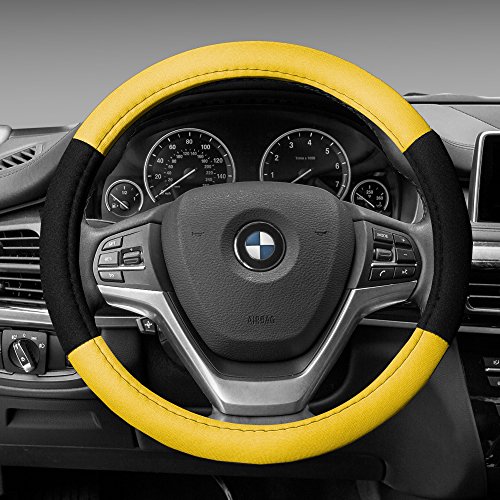 Image of FH Group Universal Fit Modernistic and Seat Belt Pads Combo Set Steering Wheel Cover Fits Most Cars, SUVs Yellow