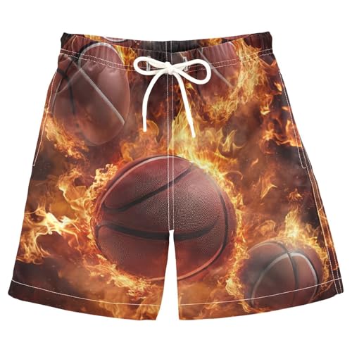 Boys Beach Board Shorts Fire Basketball Ball Swim Trunk Teen Swimwear 8-16Y Multicolor