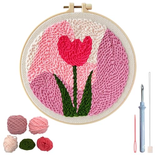 Image of PATPAT 20x20CM DIY Tufting Art Craft Kits Cute Pink Tulip Punch Needle Kit Embroidery Kit for Beginners DIY Hoop Embroidery Kit with Punch Needles, Hoop, Handmade Art Kits Gift for Kids Adults