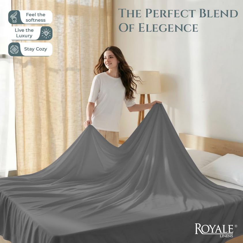 Image of Royale Linen 400 Thread Count 100% Cotton Flat Sheets Only - Cooling Sheets - Queen Flat Sheet Sold Separately - Luxury Sateen Weave - Breathable & Super Soft Top Sheet Only (Queen, Spanish Slate)