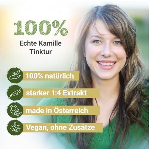 Kamille Tinktur 50ml | Matricaria chamomilla Tropfen (1:4 Extrakt) | Premium Qualität aus Österreich | Veganes Nahrungsergänzungsmittel | Mutterkraut, Echte Kamille, Königskerze, Hundeblume
