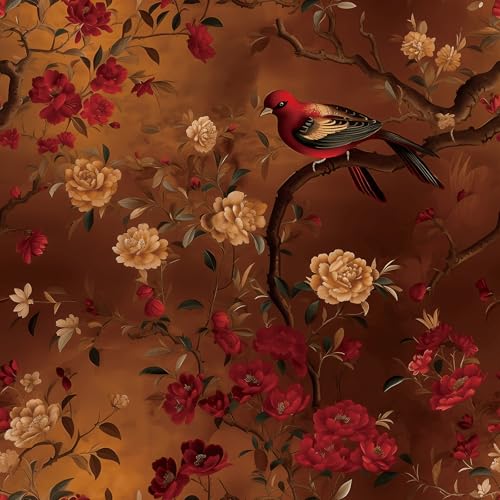 Livelynine Red Vintage Wallpaper Peel and Stick Chinoiserie Floral Wallpaper with Birds Burgundy Gold Elegant Peony Flowers Self Adhesive Bird Floral Contact Paper for Cabinets Removable 17.5x78.8