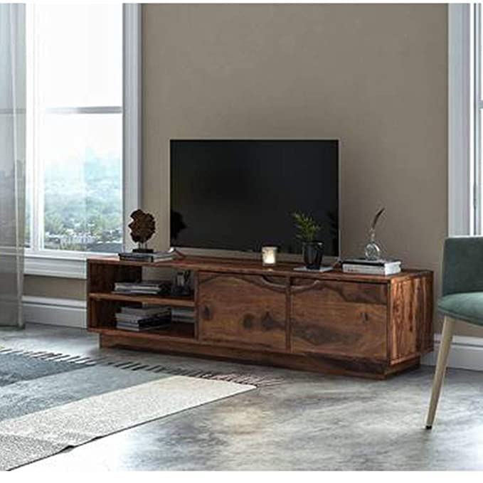 foresta decor Wooden Entertainment Tv Unit for Living Room | Television Stand with 2 Door Cabinet & 2 Shelf Storage for Bedroom | Sheesham Wood, Natural